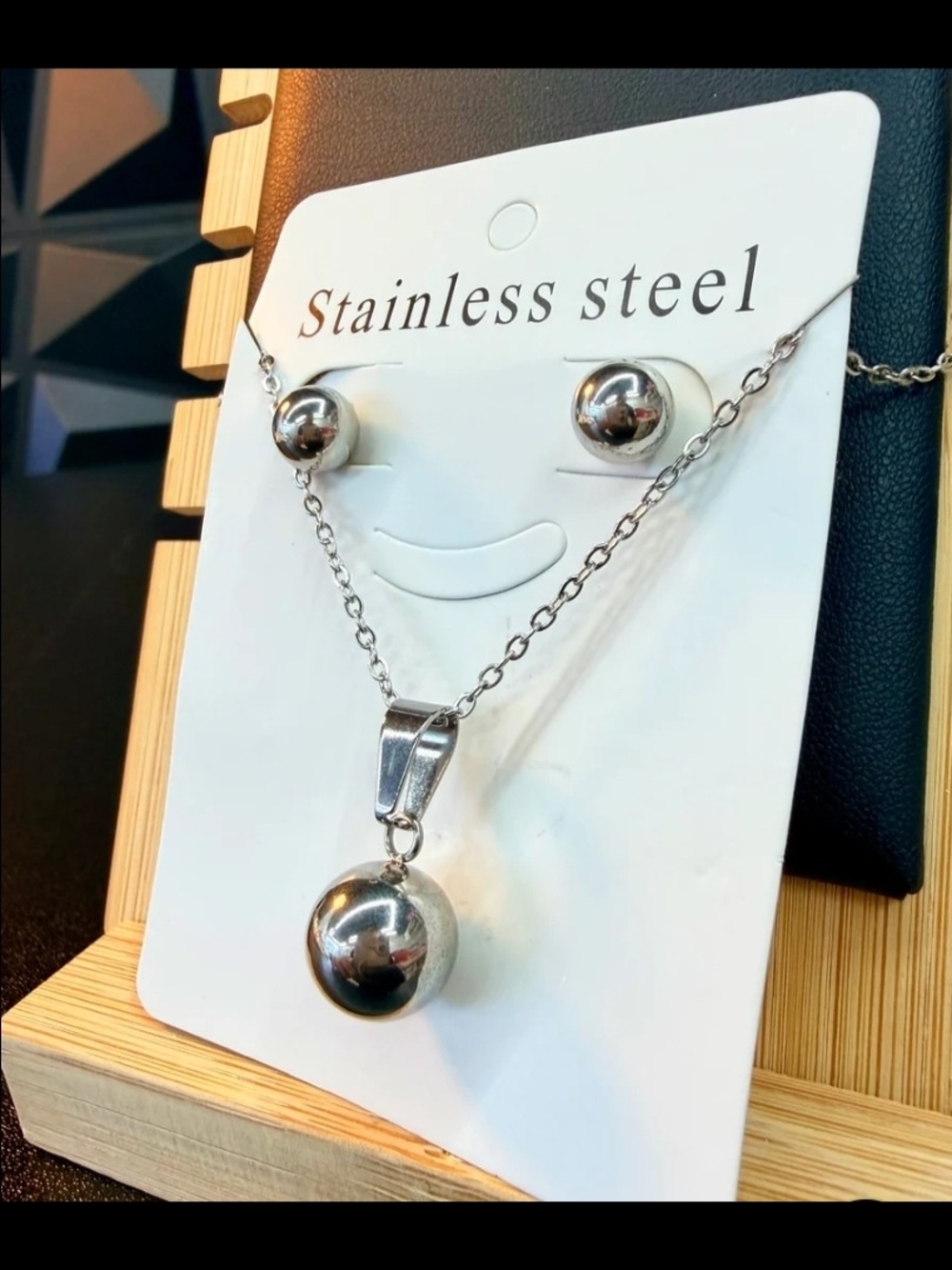 Stainless Steel Silver Ball Pendant Necklace & Stud Earrings Set